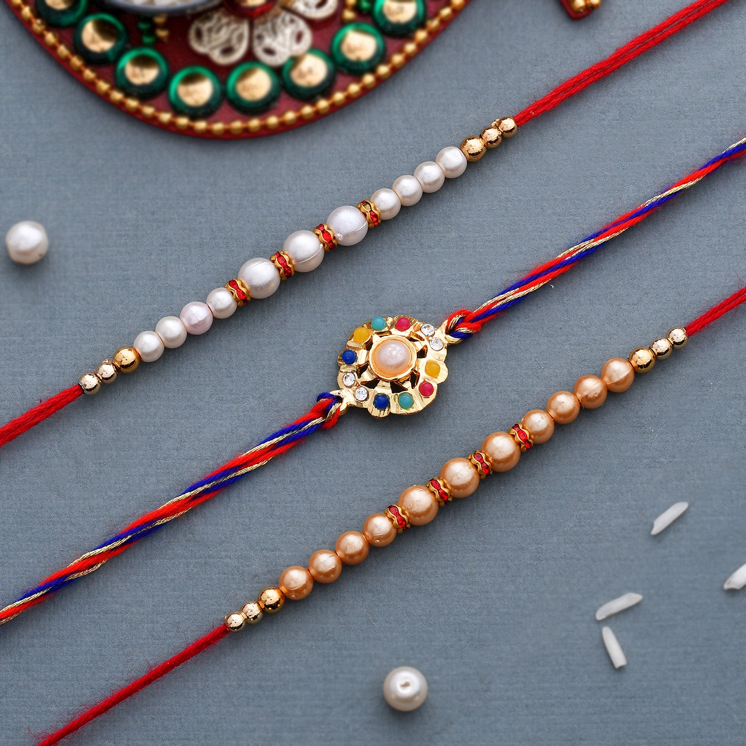 trueBrowns X Voylla Set of 3 Pearl Beads Studded Thread Rakhi | Swadesiicart