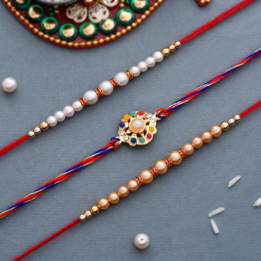 trueBrowns X Voylla Set of 3 Pearl Beads Studded Thread Rakhi | Swadesiicart