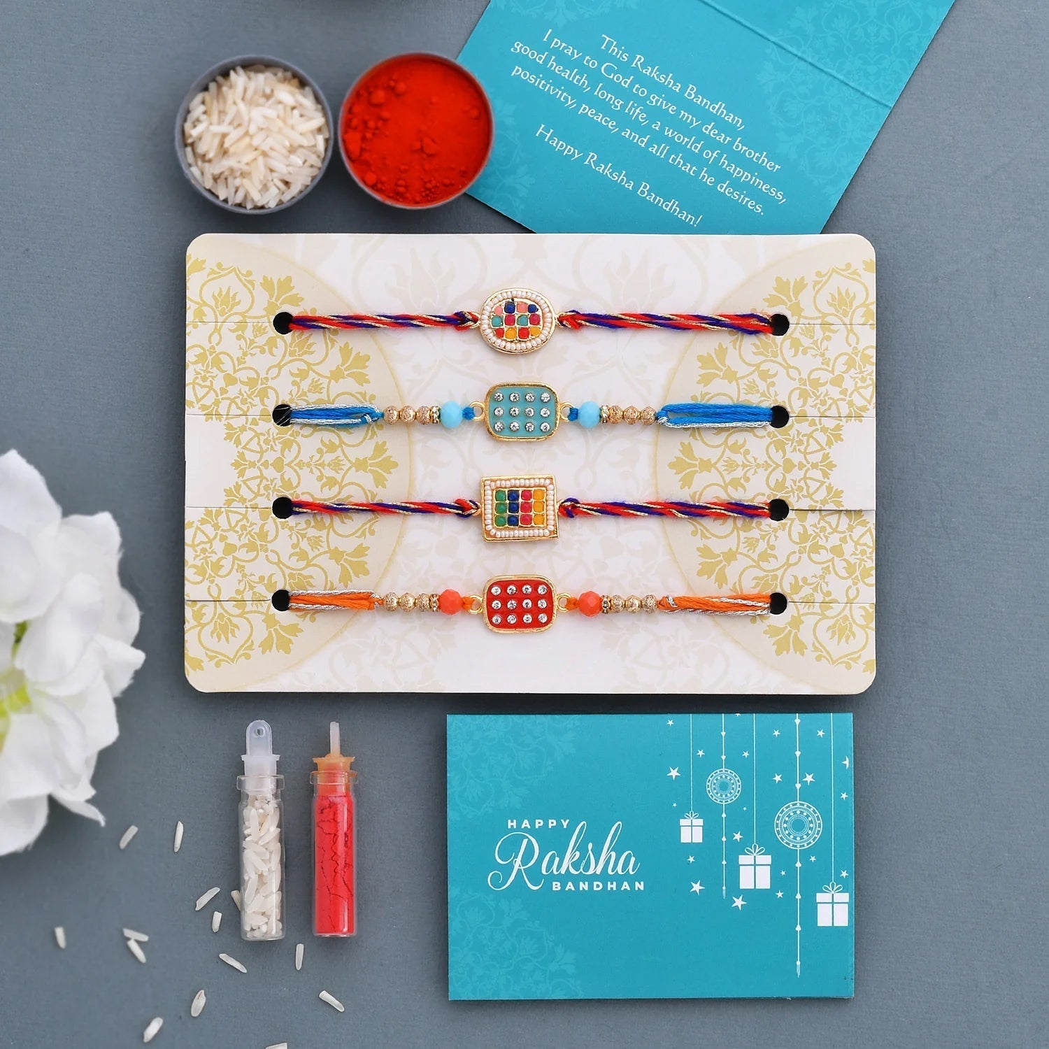 trueBrowns X Voylla Set of 4 Meenakari Kundan Embellished Rakhi | Swadesiicart