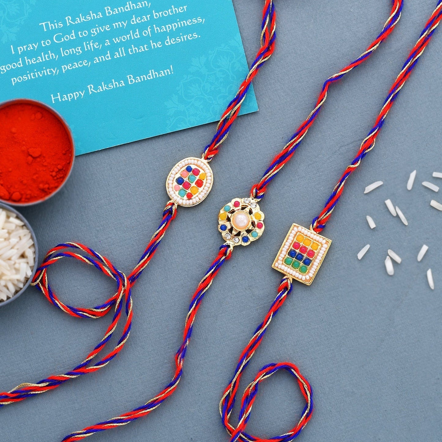 trueBrowns X Voylla Set of 3 Colorful Beads Studded Thread Rakhi | Swadesiicart