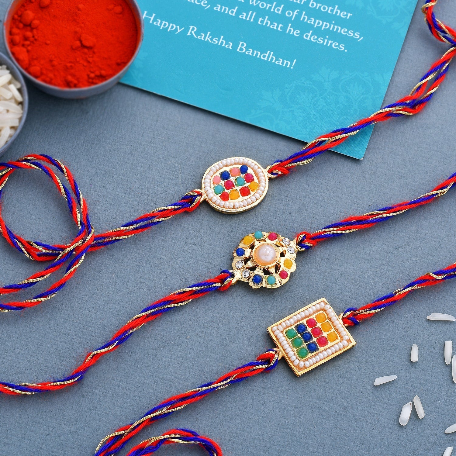 trueBrowns X Voylla Set of 3 Colorful Beads Studded Thread Rakhi | Swadesiicart