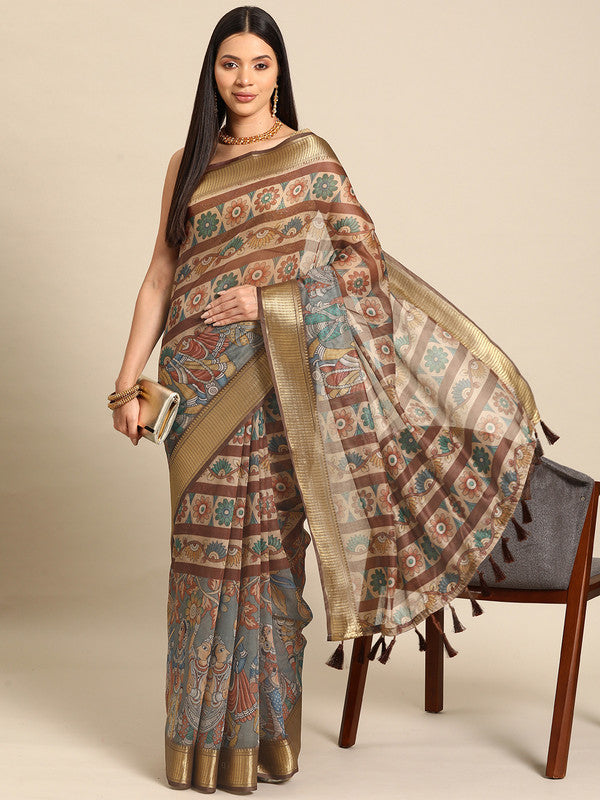 Multicolor Cotton Blend Printed Kalamkari Saree with Unstitched Blouse - Hiral Fashion | Swadesiicart