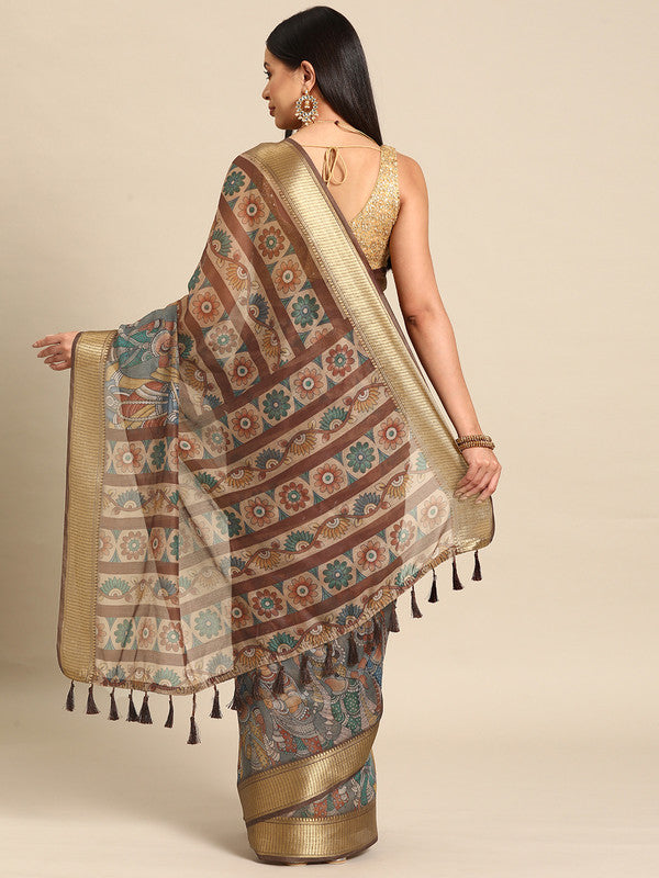 Multicolor Cotton Blend Printed Kalamkari Saree with Unstitched Blouse - Hiral Fashion | Swadesiicart