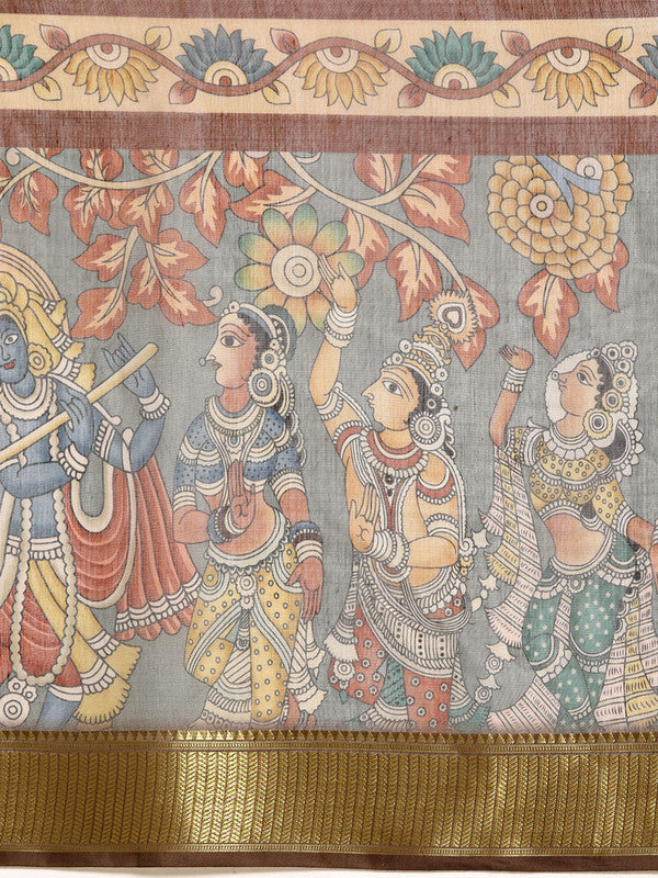 Multicolor Cotton Blend Printed Kalamkari Saree with Unstitched Blouse - Hiral Fashion | Swadesiicart
