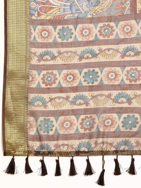 Multicolor Cotton Blend Printed Kalamkari Saree with Unstitched Blouse - Hiral Fashion | Swadesiicart