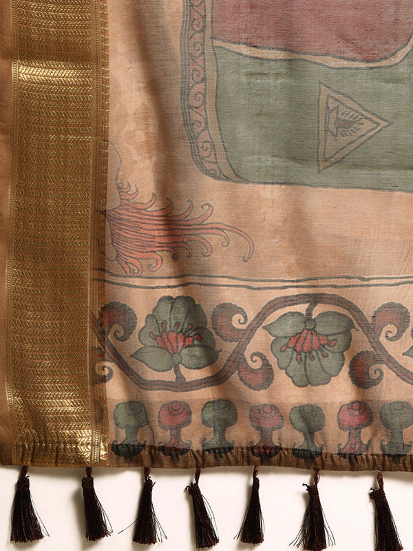 Multicolor Cotton Blend Printed Kalamkari Saree with Unstitched Blouse - Hiral Fashion | Swadesiicart