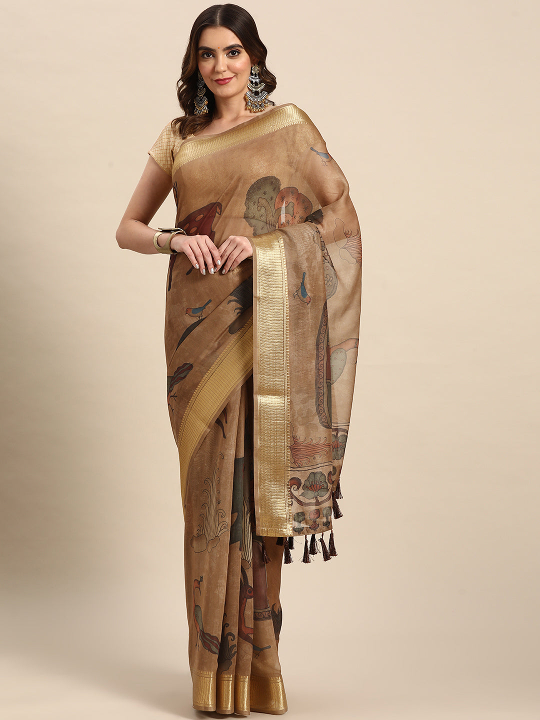 Multicolor Cotton Blend Printed Kalamkari Saree with Unstitched Blouse - Hiral Fashion | Swadesiicart