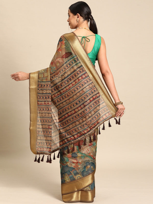 Multicolor Cotton Blend Printed Kalamkari Saree with Unstitched Blouse - Hiral Fashion | Swadesiicart