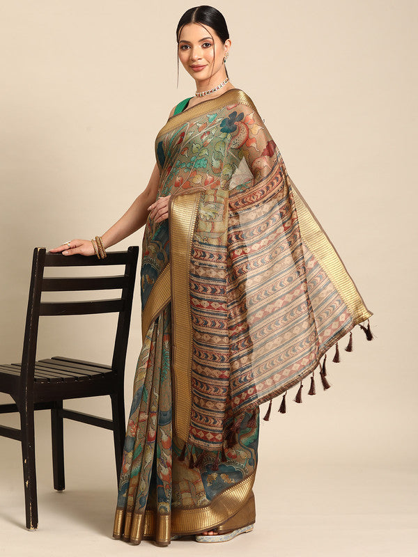 Multicolor Cotton Blend Printed Kalamkari Saree with Unstitched Blouse - Hiral Fashion | Swadesiicart