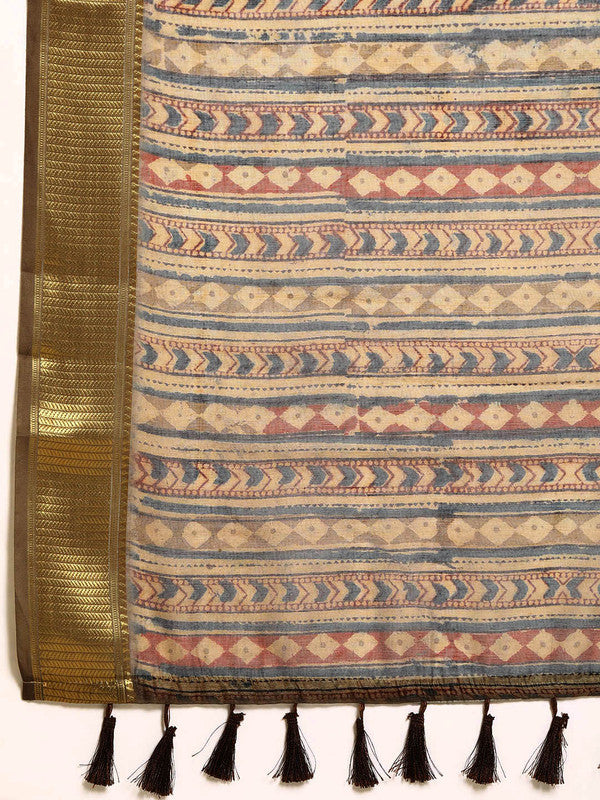 Multicolor Cotton Blend Printed Kalamkari Saree with Unstitched Blouse - Hiral Fashion | Swadesiicart