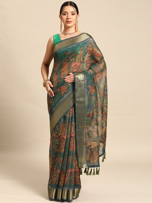 Multicolor Cotton Blend Printed Kalamkari Saree with Unstitched Blouse - Hiral Fashion | Swadesiicart