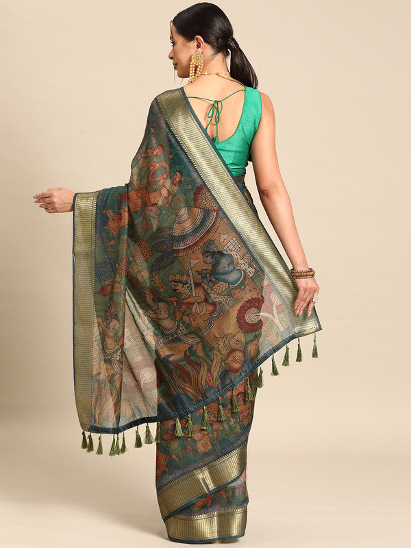 Multicolor Cotton Blend Printed Kalamkari Saree with Unstitched Blouse - Hiral Fashion | Swadesiicart