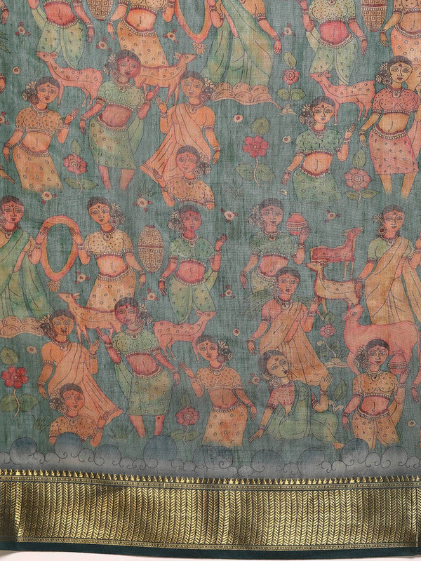 Multicolor Cotton Blend Printed Kalamkari Saree with Unstitched Blouse - Hiral Fashion | Swadesiicart