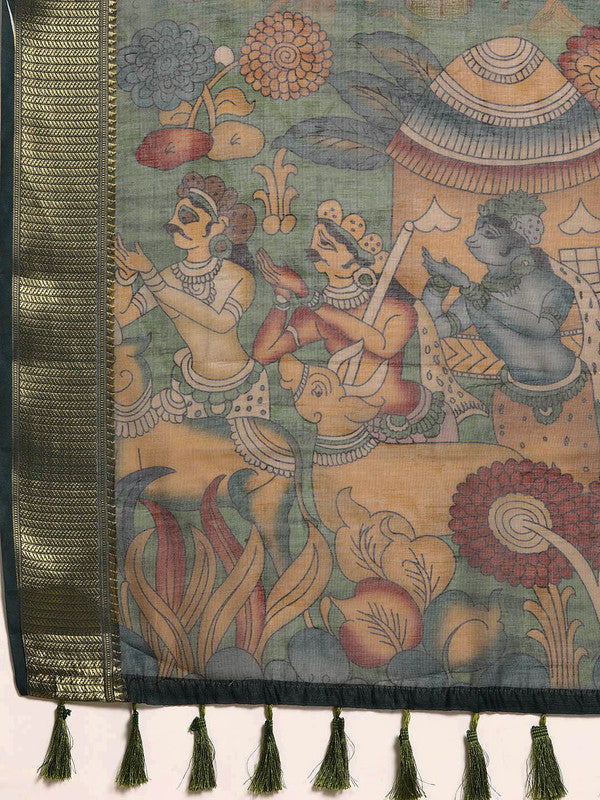 Multicolor Cotton Blend Printed Kalamkari Saree with Unstitched Blouse - Hiral Fashion | Swadesiicart