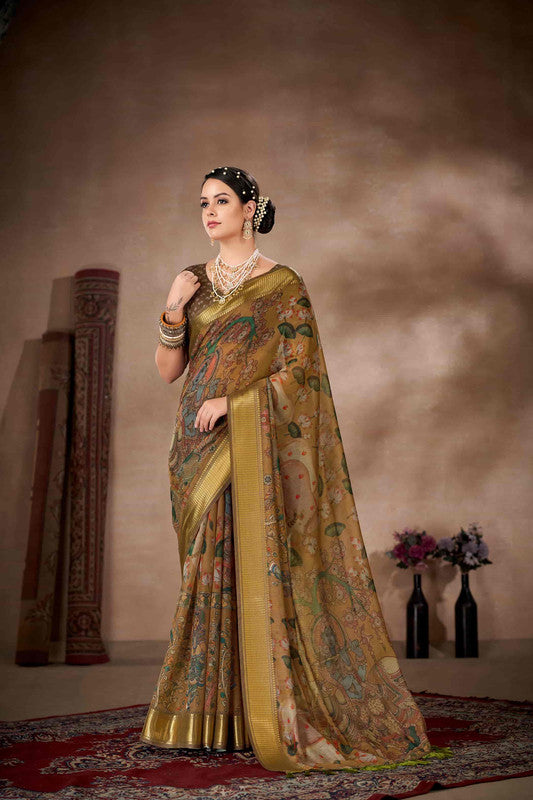 Multicolor Cotton Blend Printed Kalamkari Saree with Unstitched Blouse - Hiral Fashion | Swadesiicart
