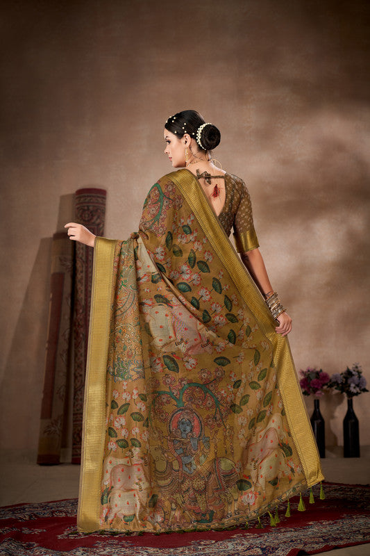 Multicolor Cotton Blend Printed Kalamkari Saree with Unstitched Blouse - Hiral Fashion | Swadesiicart