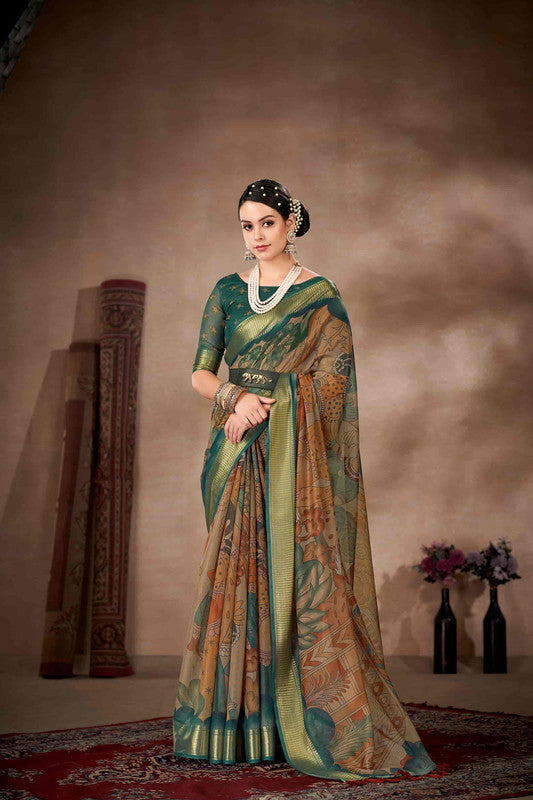 Multicolor Cotton Blend Printed Kalamkari Saree with Unstitched Blouse - Hiral Fashion | Swadesiicart