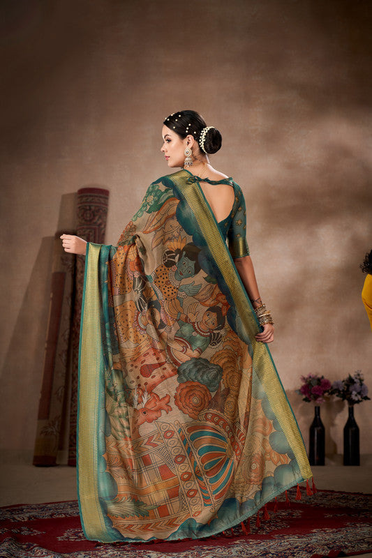 Multicolor Cotton Blend Printed Kalamkari Saree with Unstitched Blouse - Hiral Fashion | Swadesiicart