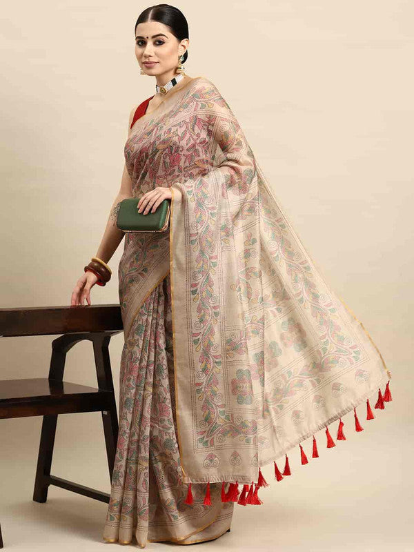 Multicolor Cotton Blend Printed Kalamkari Saree with Unstitched Blouse - Hiral Fashion | Swadesiicart