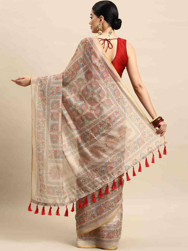 Multicolor Cotton Blend Printed Kalamkari Saree with Unstitched Blouse - Hiral Fashion | Swadesiicart