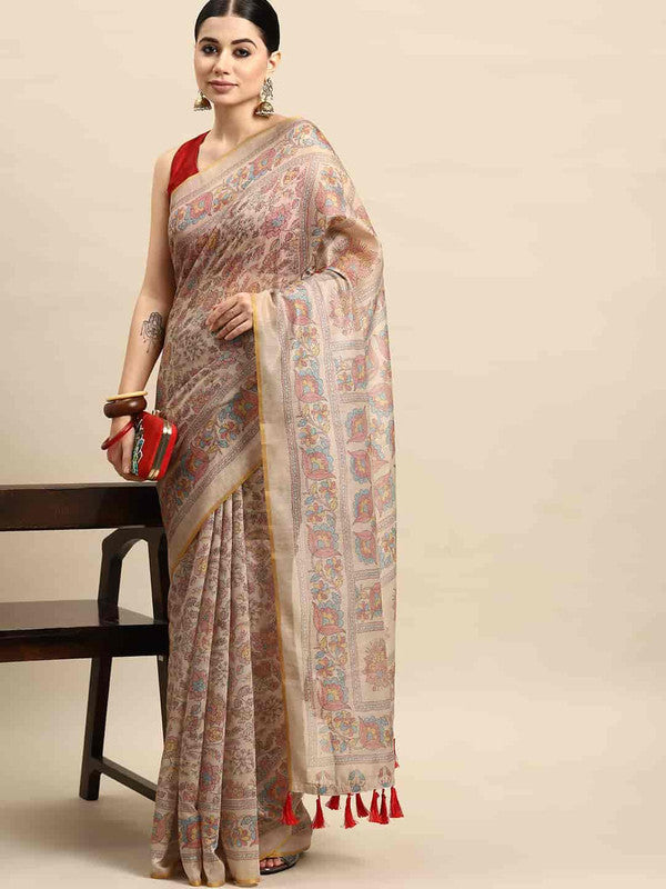 Multicolor Cotton Blend Printed Kalamkari Saree with Unstitched Blouse - Hiral Fashion | Swadesiicart