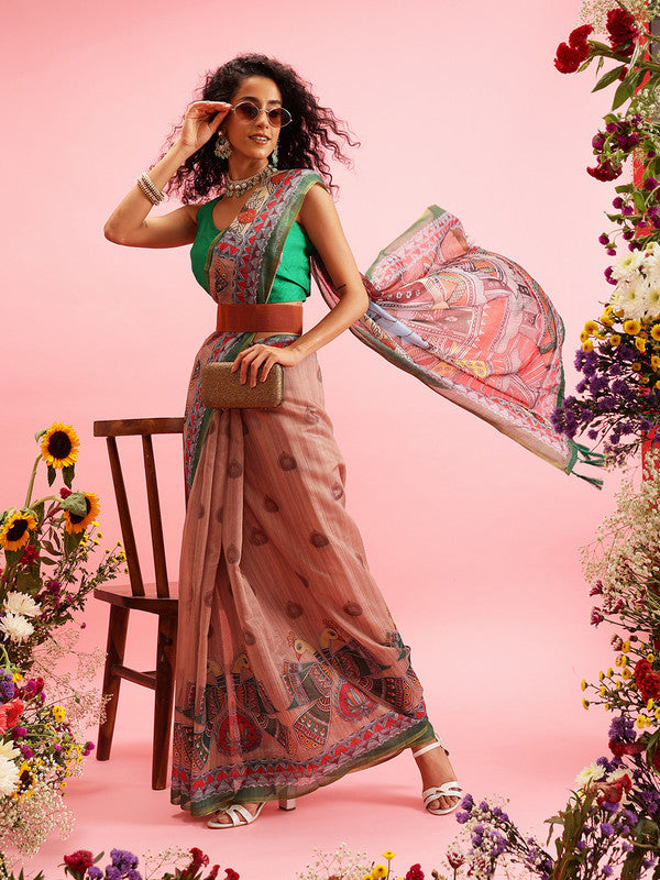 Peach Cotton Blend Printed Madhubani Saree with Unstitched Blouse - Hiral Fashion | Swadesiicart