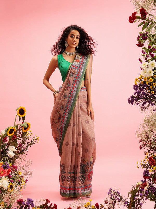 Peach Cotton Blend Printed Madhubani Saree with Unstitched Blouse - Hiral Fashion | Swadesiicart