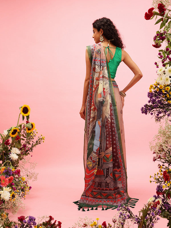Peach Cotton Blend Printed Madhubani Saree with Unstitched Blouse - Hiral Fashion | Swadesiicart
