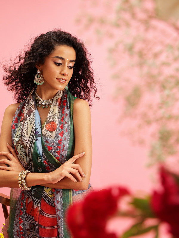 Peach Cotton Blend Printed Madhubani Saree with Unstitched Blouse - Hiral Fashion | Swadesiicart
