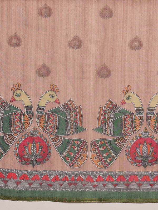 Peach Cotton Blend Printed Madhubani Saree with Unstitched Blouse - Hiral Fashion | Swadesiicart