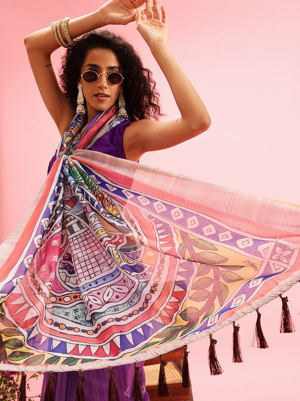 Purple Cotton Blend Printed Madhubani Saree with Unstitched Blouse - Hiral Fashion | Swadesiicart