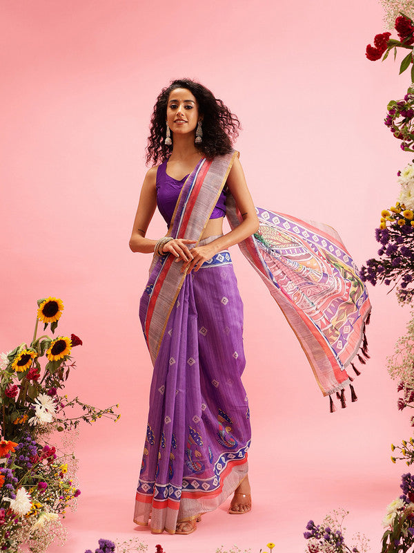 Purple Cotton Blend Printed Madhubani Saree with Unstitched Blouse - Hiral Fashion | Swadesiicart