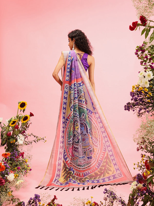 Purple Cotton Blend Printed Madhubani Saree with Unstitched Blouse - Hiral Fashion | Swadesiicart