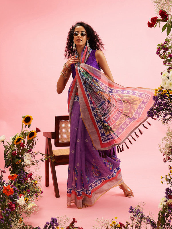 Purple Cotton Blend Printed Madhubani Saree with Unstitched Blouse - Hiral Fashion | Swadesiicart