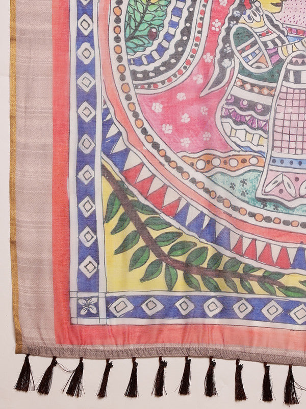 Purple Cotton Blend Printed Madhubani Saree with Unstitched Blouse - Hiral Fashion | Swadesiicart