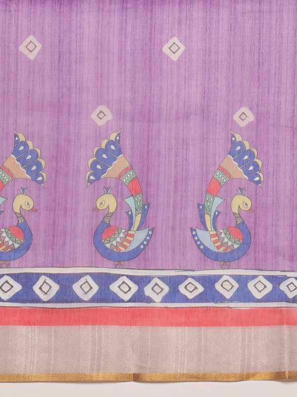 Purple Cotton Blend Printed Madhubani Saree with Unstitched Blouse - Hiral Fashion | Swadesiicart