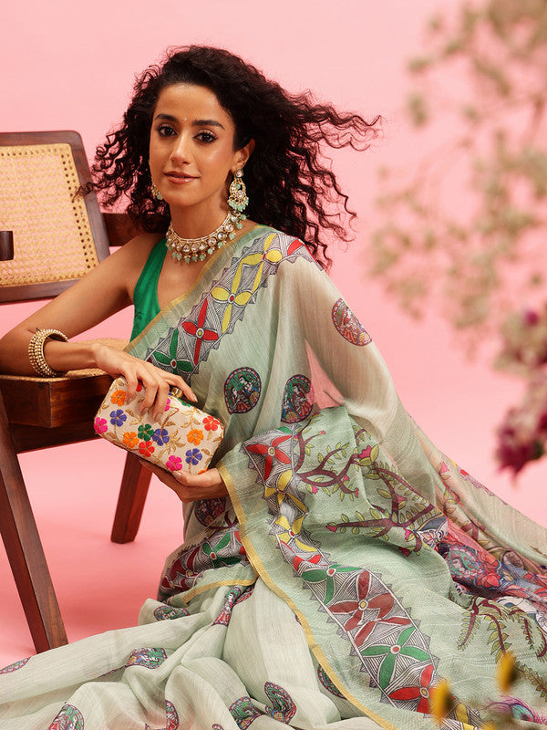 Green Cotton Blend Printed Madhubani Saree with Unstitched Blouse - Hiral Fashion | Swadesiicart