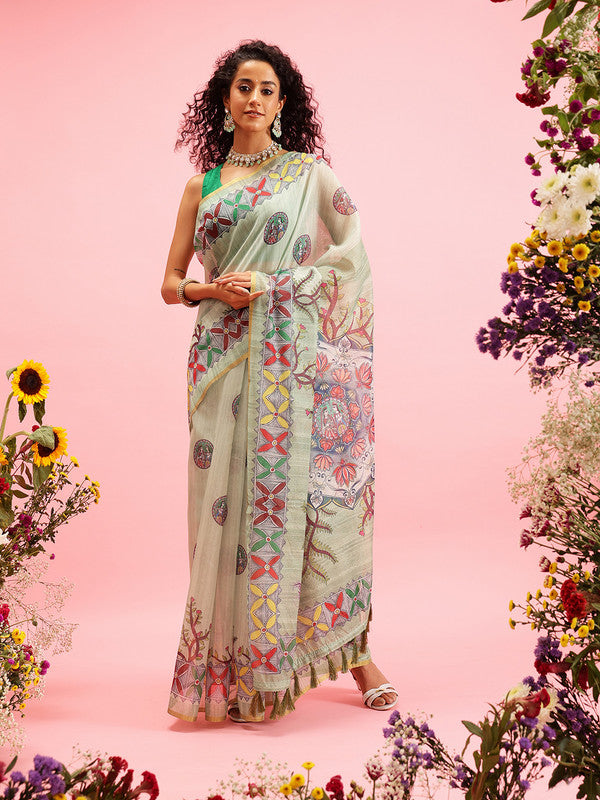 Green Cotton Blend Printed Madhubani Saree with Unstitched Blouse - Hiral Fashion | Swadesiicart