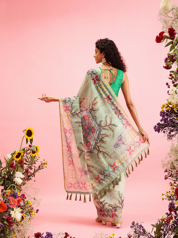 Green Cotton Blend Printed Madhubani Saree with Unstitched Blouse - Hiral Fashion | Swadesiicart