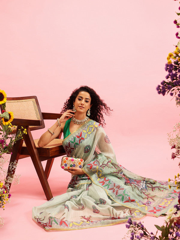 Green Cotton Blend Printed Madhubani Saree with Unstitched Blouse - Hiral Fashion | Swadesiicart