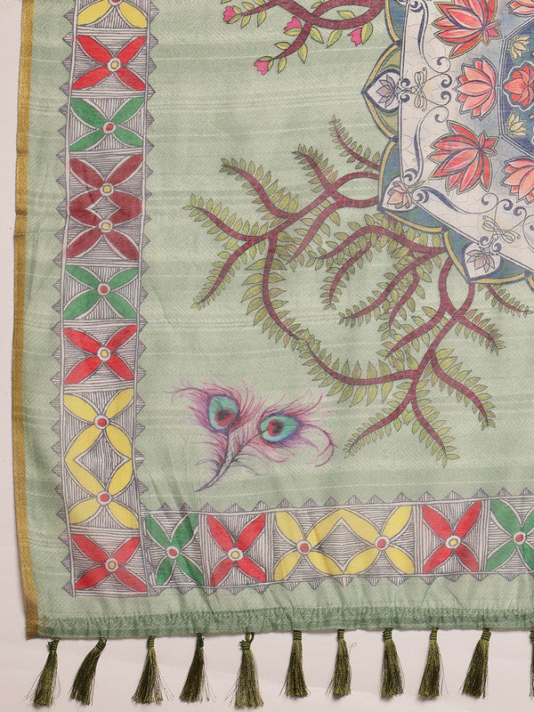 Green Cotton Blend Printed Madhubani Saree with Unstitched Blouse - Hiral Fashion | Swadesiicart