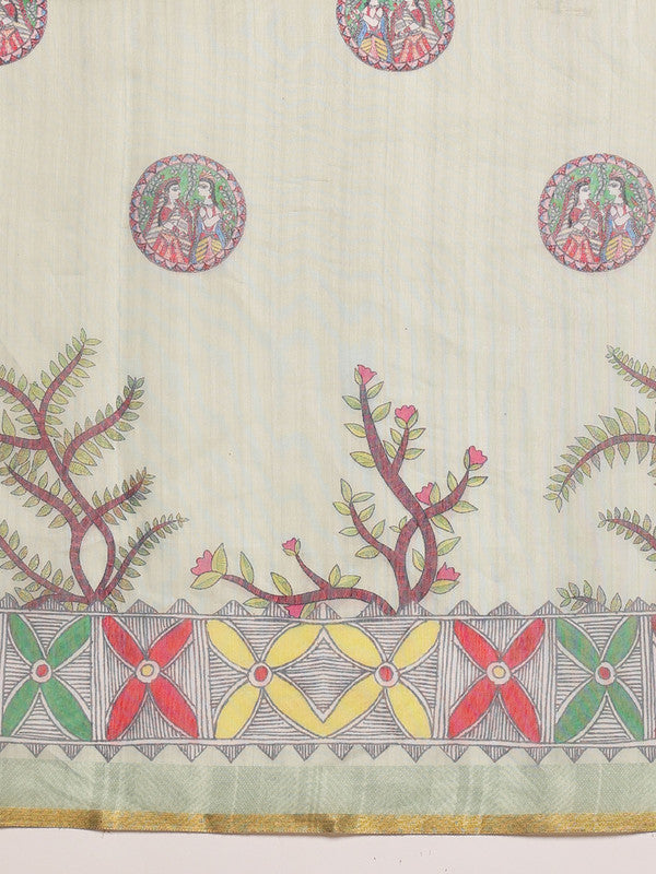 Green Cotton Blend Printed Madhubani Saree with Unstitched Blouse - Hiral Fashion | Swadesiicart