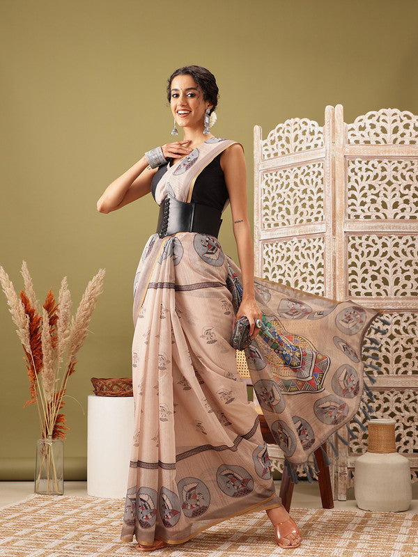 Beige Cotton Blend Printed Madhubani Saree with Unstitched Blouse - Hiral Fashion | Swadesiicart