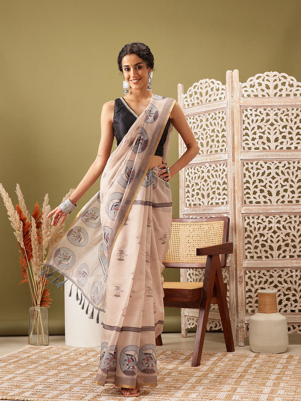 Beige Cotton Blend Printed Madhubani Saree with Unstitched Blouse - Hiral Fashion | Swadesiicart