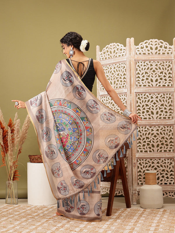 Beige Cotton Blend Printed Madhubani Saree with Unstitched Blouse - Hiral Fashion | Swadesiicart
