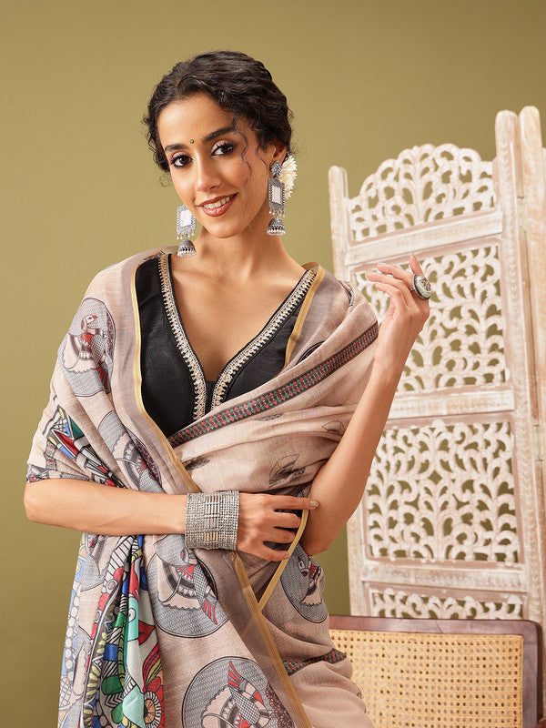 Beige Cotton Blend Printed Madhubani Saree with Unstitched Blouse - Hiral Fashion | Swadesiicart