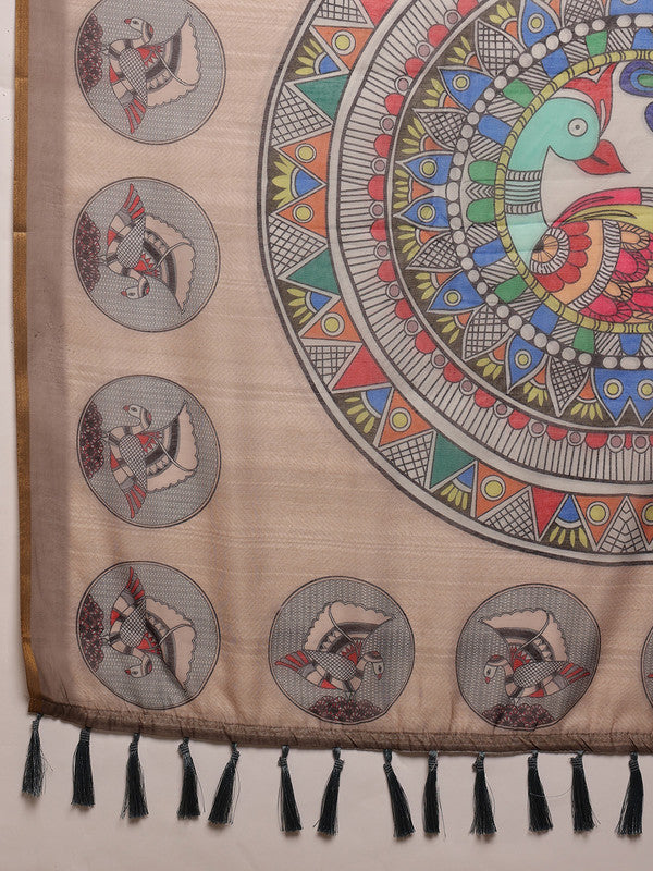 Beige Cotton Blend Printed Madhubani Saree with Unstitched Blouse - Hiral Fashion | Swadesiicart