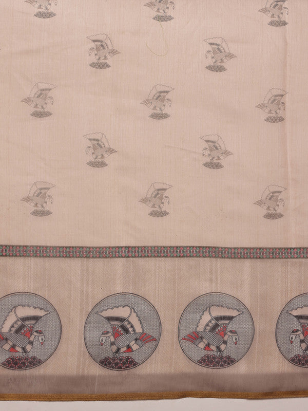 Beige Cotton Blend Printed Madhubani Saree with Unstitched Blouse - Hiral Fashion | Swadesiicart