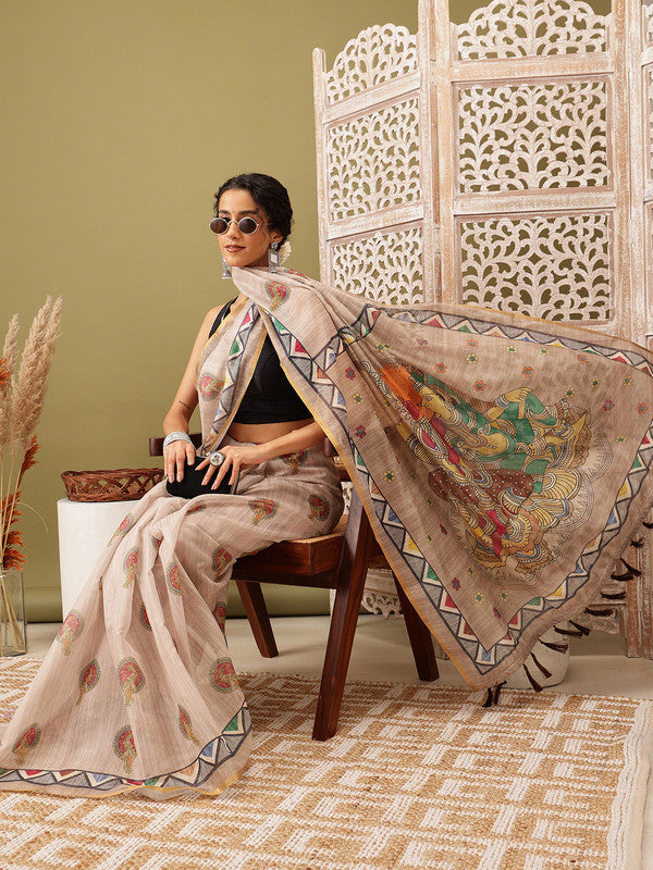 Beige Cotton Blend Printed Madhubani Saree with Unstitched Blouse - Hiral Fashion | Swadesiicart