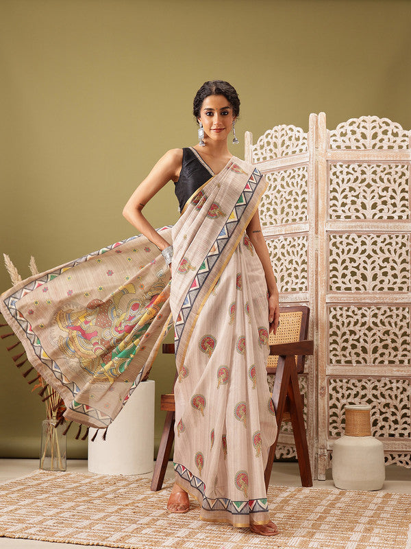 Beige Cotton Blend Printed Madhubani Saree with Unstitched Blouse - Hiral Fashion | Swadesiicart
